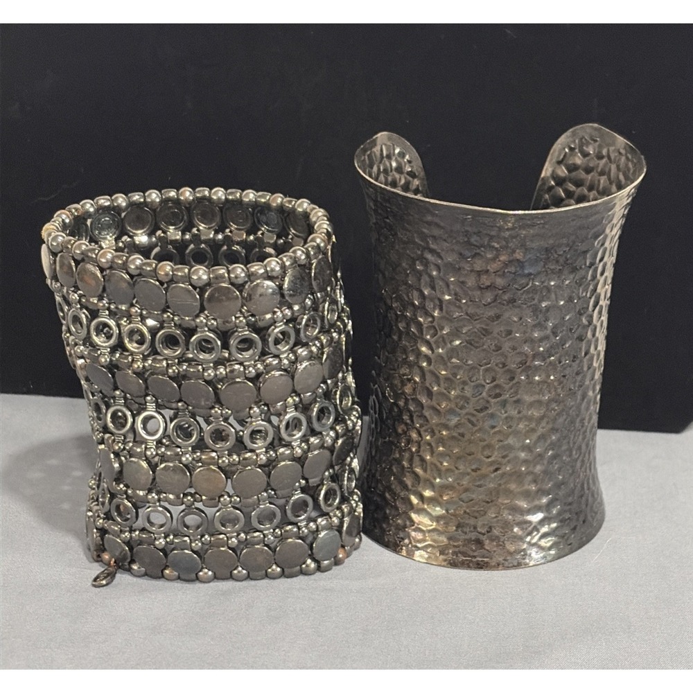 VTG Y2K Silver Statement Cuff Bracelet Set - Aldo Beaded & Hammered Flare Cuffs - Picture 1 of 12